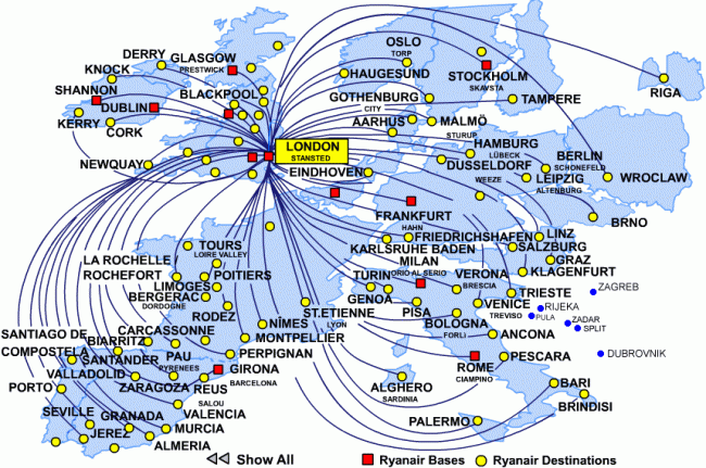 Карта-схема аэропортов, куда выполняются рейсы лоукост авиакомпании Ryanair