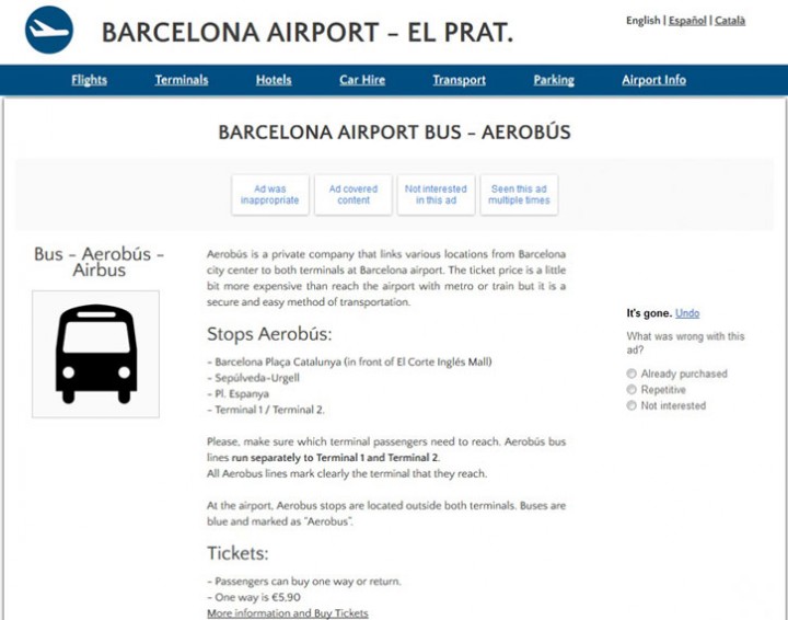 Сайт аэропорта Эль Прат в Барселоне со специальным разделом об общественном транспорте